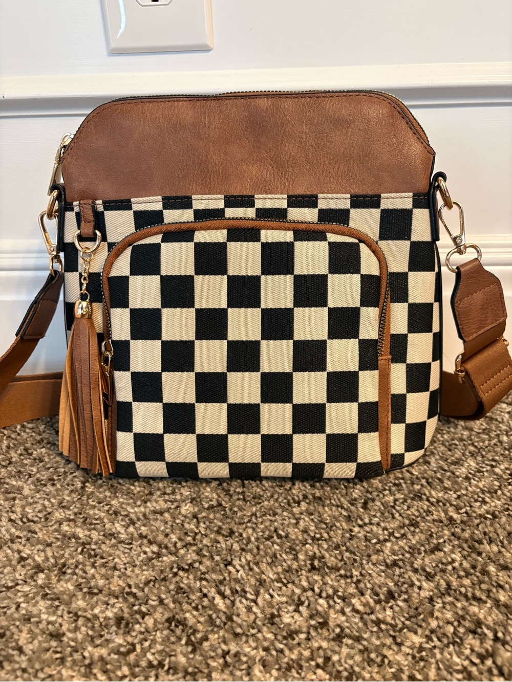 Black-and-Cream Checker Crossbody with Tan Trim